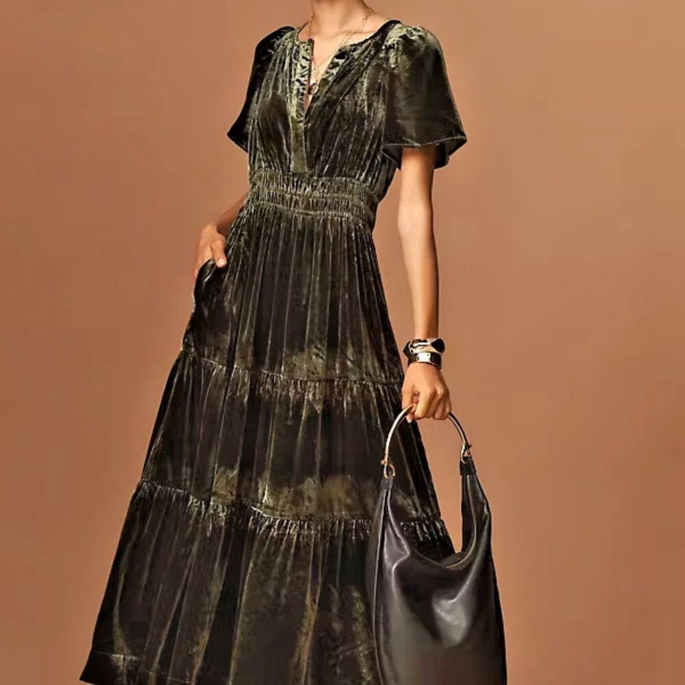 New Anthropologie The Somerset Maxi Dress: Velvet Edition Dark Green L
